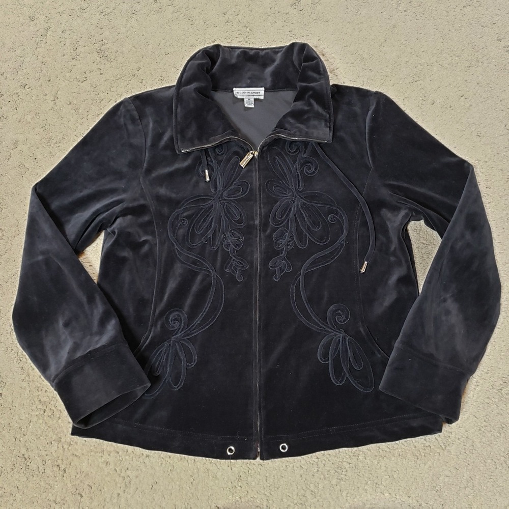 St. John Sport Jacket Sz M Black Velour Velvet Embellished Zip Athleisure Luxe